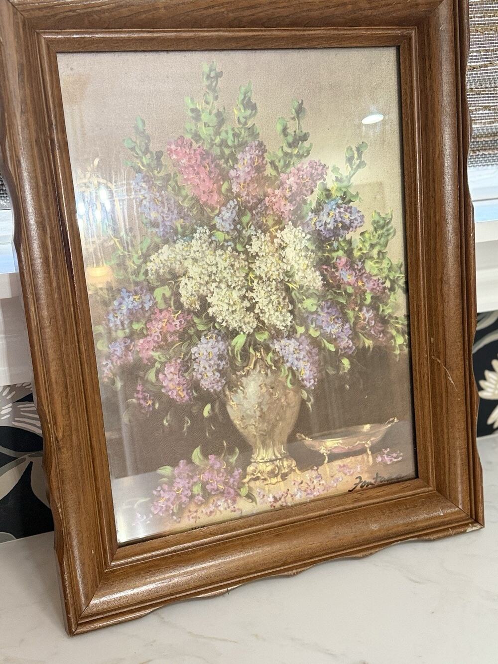 Vintage Floral Print By Fontana Bernard Large Vase of Purple Lilacs Wood Frame
